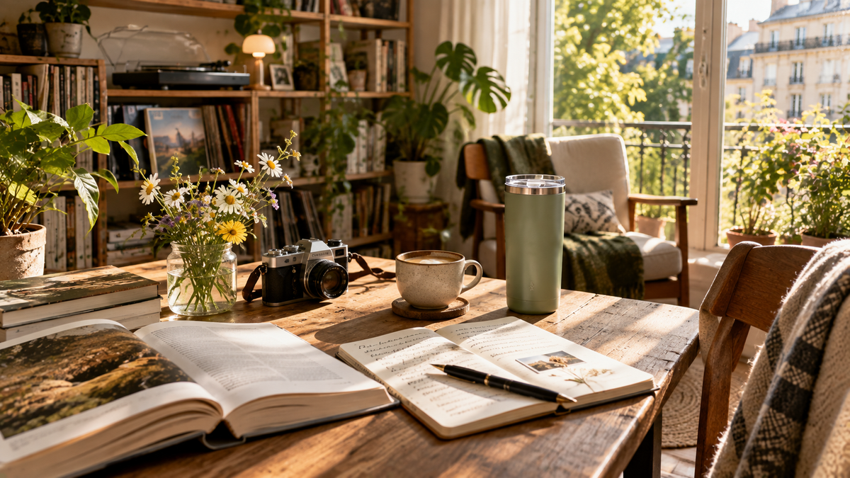 A peaceful reading corner featuring books, a journal, a film camera, coffee, reusable drinkware, and indoor plants, reflecting the growing analog lifestyle trend of embracing creativity and life beyond screens.