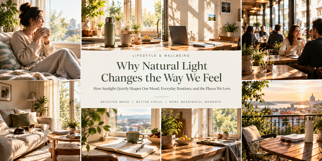 Bright natural sunlight fills a modern home, café, workspace, and balcony, highlighting coffee, reading, relaxation, and thoughtful everyday living in warm, inviting spaces.