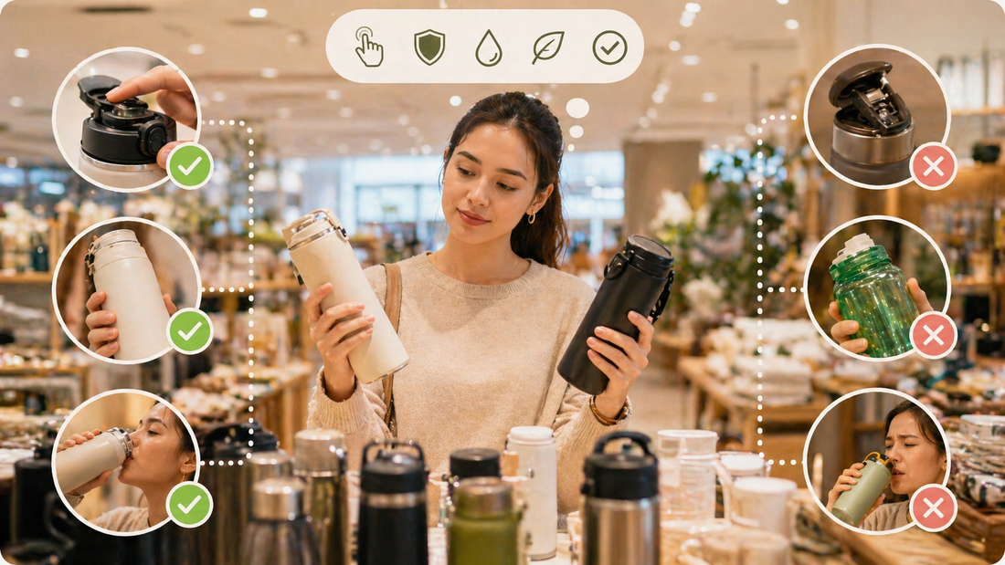 Customer comparing everyday lifestyle products in a modern shopping mall, focusing on usability, materials, and practical design