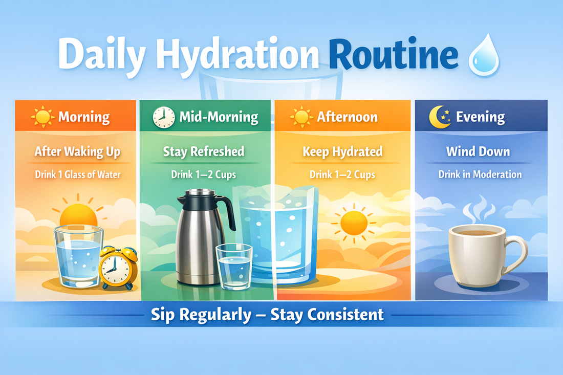 Daily hydration routine infographic showing morning, afternoon, and evening water intake habits for hot climates