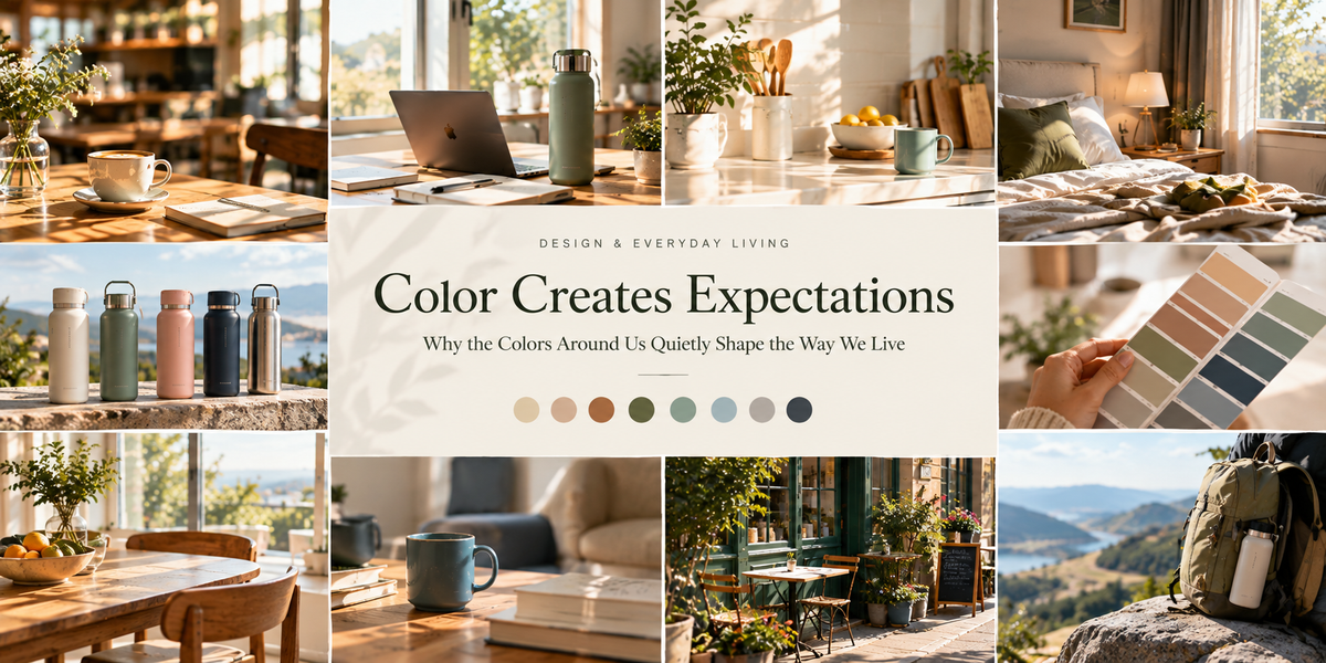 Editorial lifestyle collage featuring warm home interiors, a cozy café, workspace, kitchen, reusable bottles, and a natural color palette illustrating how color shapes everyday living.