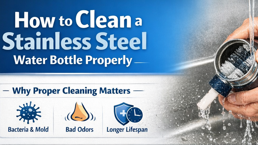 cleaning stainless steel water bottle with brush and warm water step by step