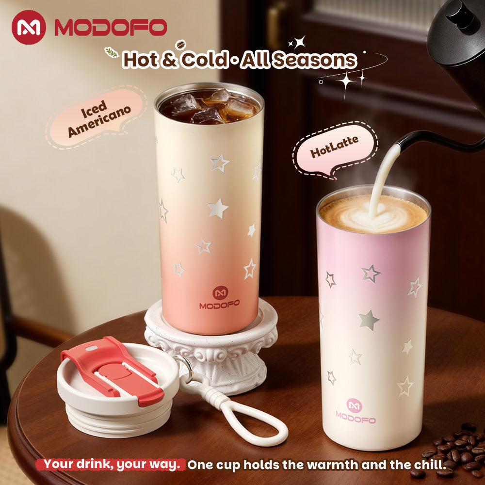 MODOFO Coffee Cup 480ml 316 Stainless Steel With Straw（Customizable star patterns）