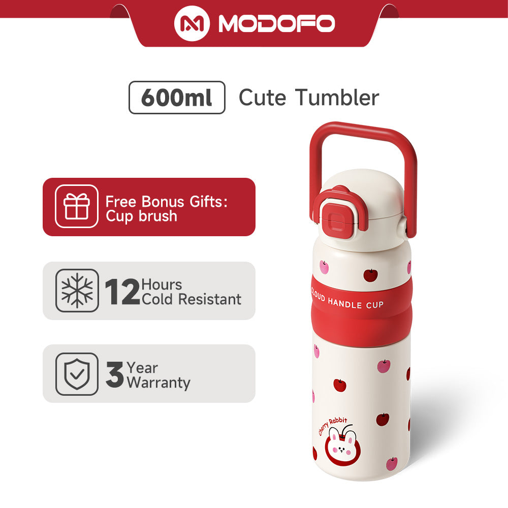 MODOFO 600ML Cute 316 Stainless Steel Portable Thermos Water Bottle with Straw