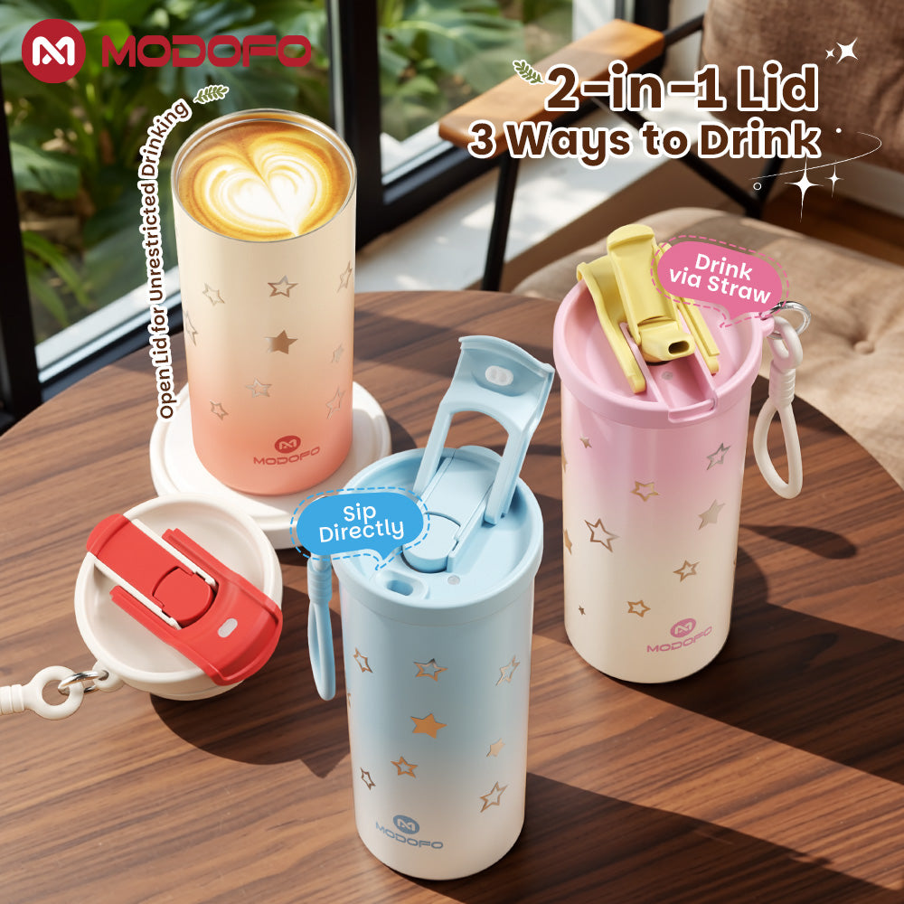 MODOFO Coffee Cup 480ml 316 Stainless Steel With Straw（Customizable star patterns）