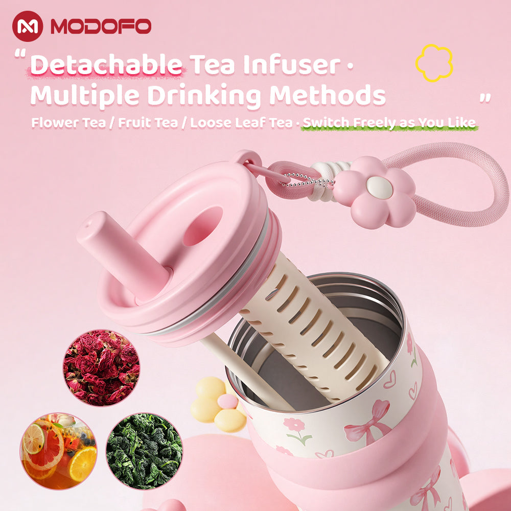 MODOFO 710ml Vacuum Insulated Tumbler with Tea Strainer | 316 Stainless Steel | Hot & Cold Thermal Bottle