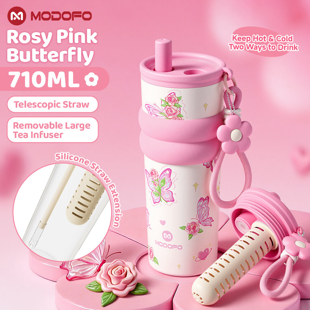 MODOFO 710ml Vacuum Insulated Tumbler with Tea Strainer | 316 Stainless Steel | Hot & Cold Thermal Bottle