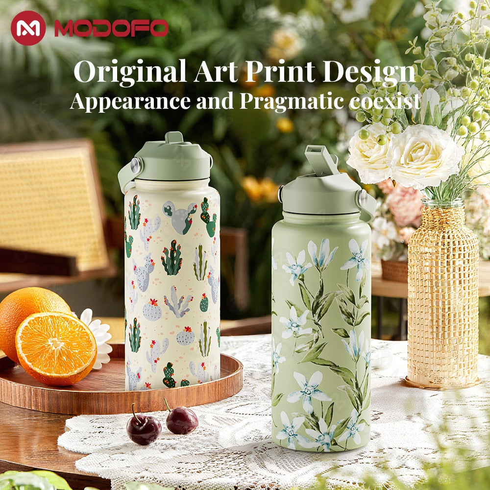 MODOFO 1000ML Portable Water Bottle with Straw Fashion Print Built-in Straw