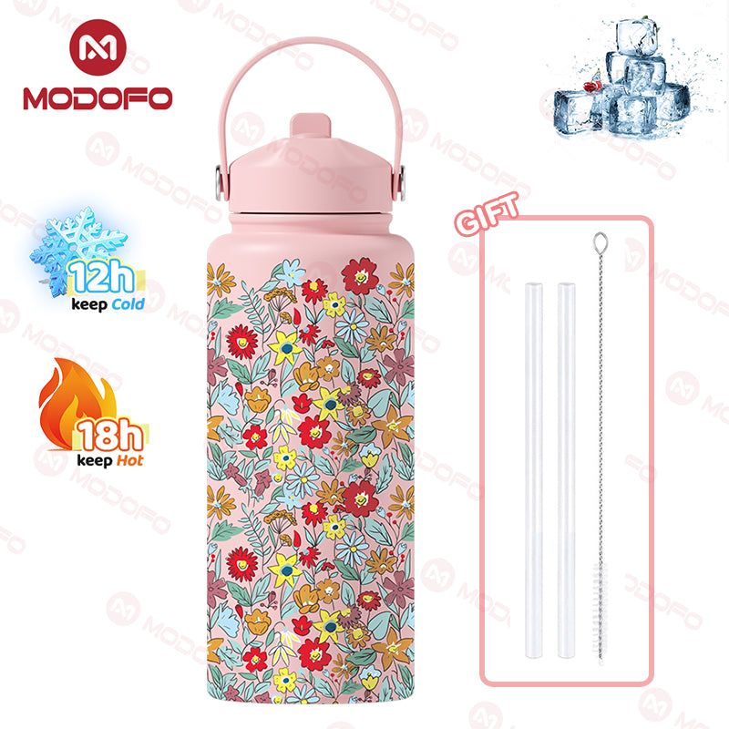 MODOFO 1000ML Portable Water Bottle with Straw Fashion Print Built-in Straw
