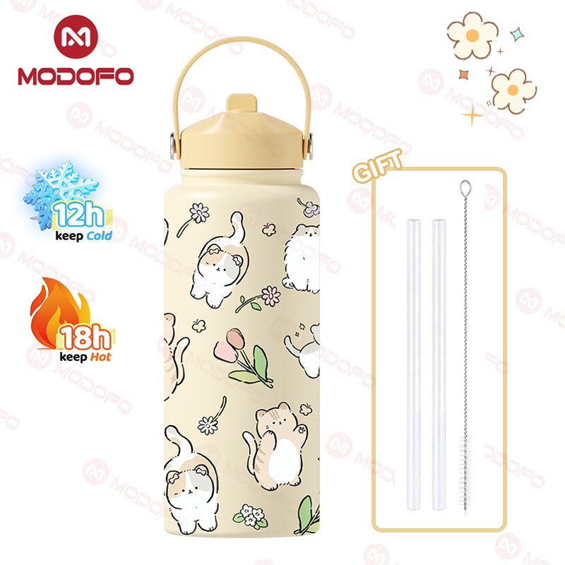 MODOFO 1000ML Portable Water Bottle with Straw Fashion Print Built-in Straw
