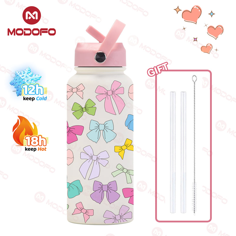 MODOFO 1000ML Portable Water Bottle with Straw Fashion Print Built-in Straw